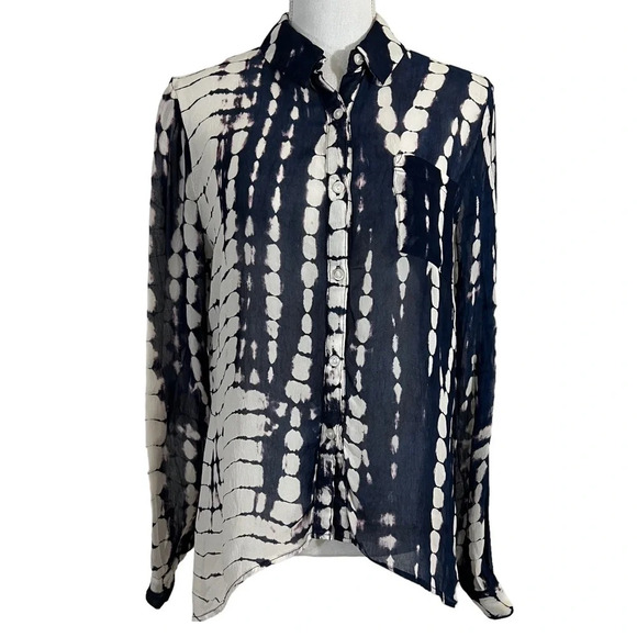 Patrons Of Peace Button Up Blouse Medium Watercolor Stripes Cutout Back Blue Top - Picture 1 of 10